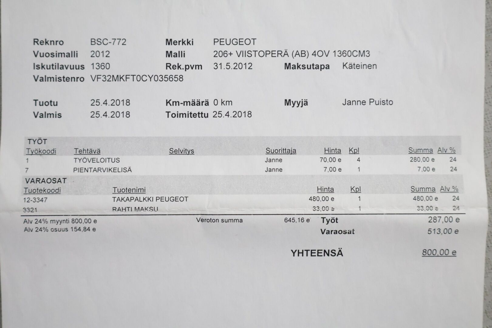 Peugeot 206+ 2012 Generation 75 5-ov *Myydään Huutokaupat.com*/ Suomi-auto / Huoltokirja / Ilmastointi / Lohko / Koukku / 2x renkaat - Myydään Huutokaupat.com / Siisti yksilö / 2x renkaat  