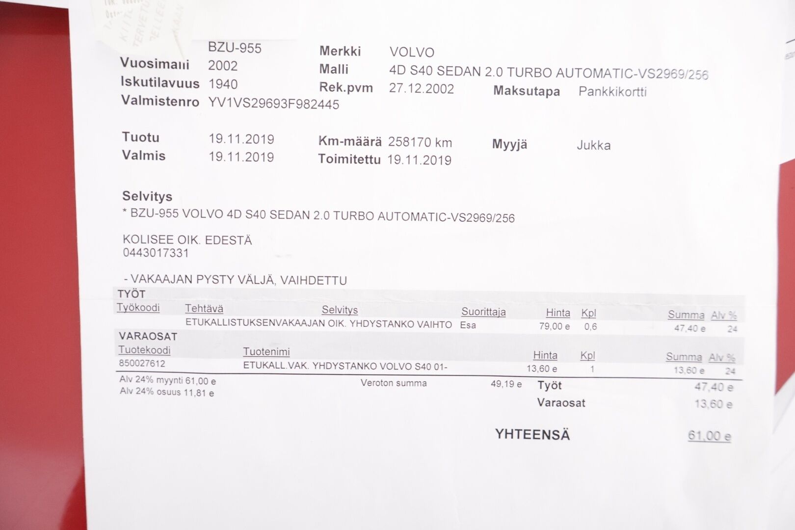 Volvo S40 2002 SEDAN 2.0 TURBO AUTOMATIC - *MYYDÄÄN HUUTOKAUPAT.COMISSA*