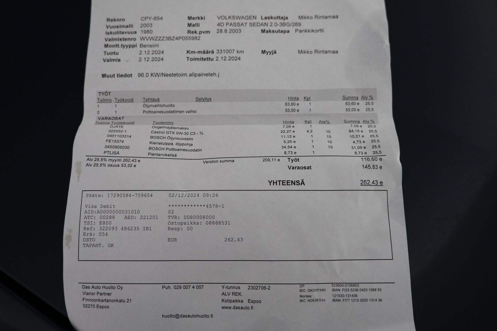 Volkswagen Passat 2003 4D PASSAT SEDAN 2.0-3BG/269 - YritysOutlet - Myydään vain yrityksille -* - *Ilmastointi / Vakionopeuden säädin / Kahdet renkaat*