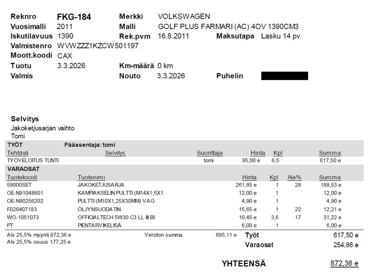 Volkswagen Golf Plus 2011 Comfortline 1,4 TSI 90 kW (122 hv) - YritysOutlet - Myydään vain yrityksille - Myydään korjattavaksi!