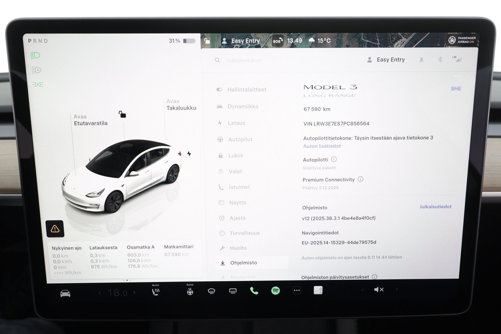 Tesla Model 3 2023 Long-Range RWD * Lasikatto / ILP / ACC / Matrix-LED / Muistipenkki / P.Kamera / Navi / Kaistavahti / Keyless * - 1-om Suomi-auto / Akku kuntotarkastettu / Kahdet renkaat vanteilla