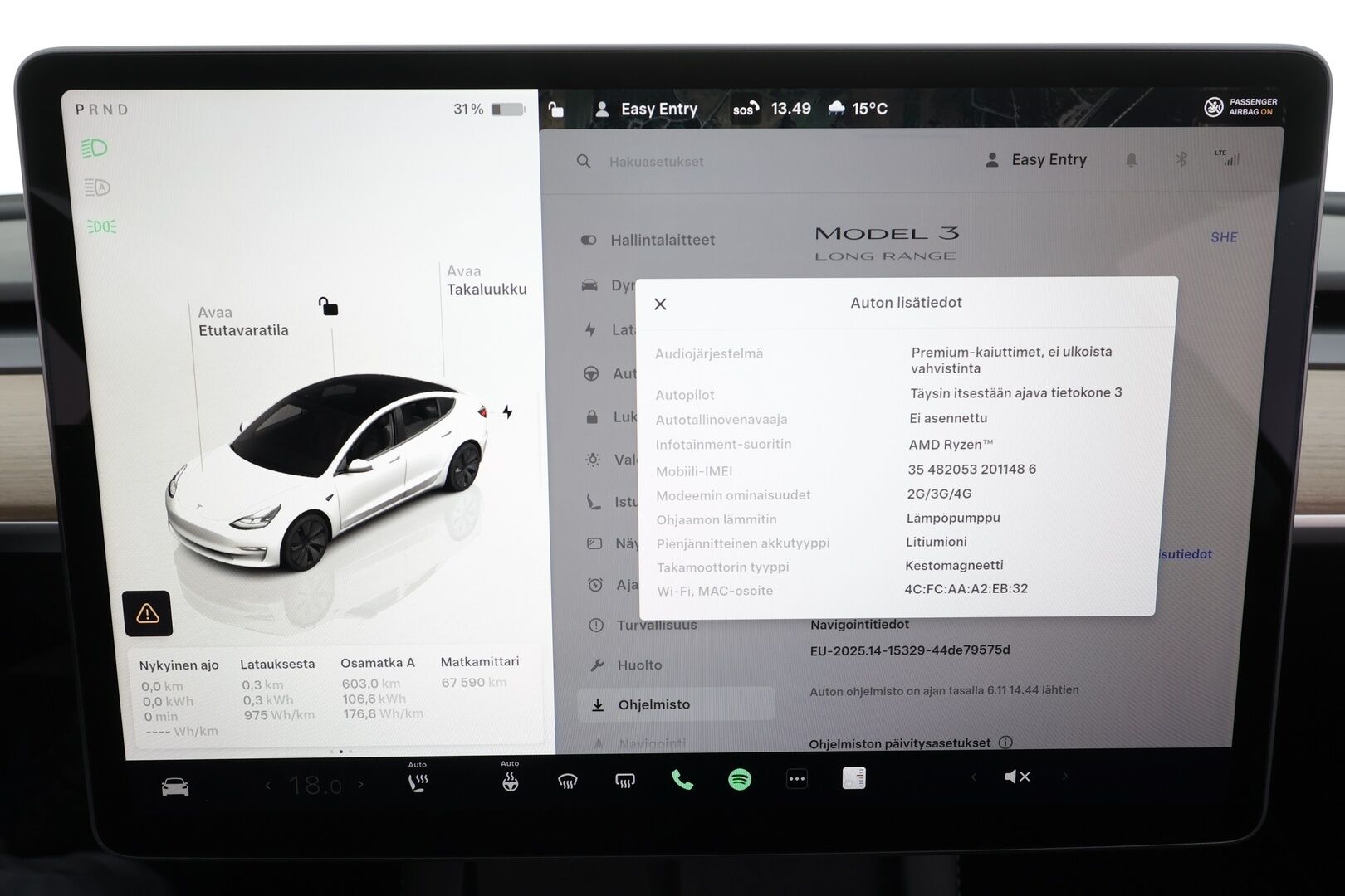 Tesla Model 3 2023 Long-Range RWD * Lasikatto / ILP / ACC / Matrix-LED / Muistipenkki / P.Kamera / Navi / Kaistavahti / Keyless * - 1-om Suomi-auto / Akku kuntotarkastettu / Kahdet renkaat vanteilla