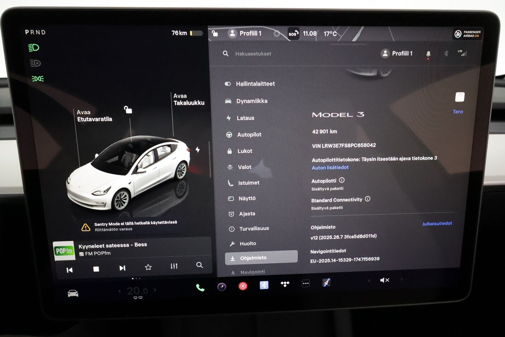 Tesla Model 3 2023 Standard Range Plus **Lasikatto / ILP / ACC / Matrix-LED / P.kamera / Muistipenkki / Navi / Kaistavahti / Keyless** - 3,99 % KORKOTARJOUS TÄHÄN AUTOON 14.9. ASTI! - 1-om Suomi-auto / 2x Latauskaapelit / Kahdet Renkaat / Akku kuntotarkastettu