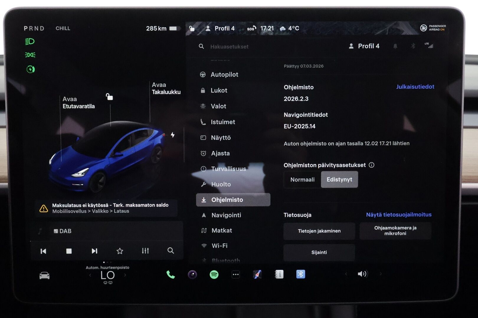 TESLA MODEL 3 2023 Standard Range Plus * ILP / Lasikatto / ACC / Matrix-LED / Muistipenkki / Kaistavahti / Navi * - Akku kuntotarkastettu / P.Kamera