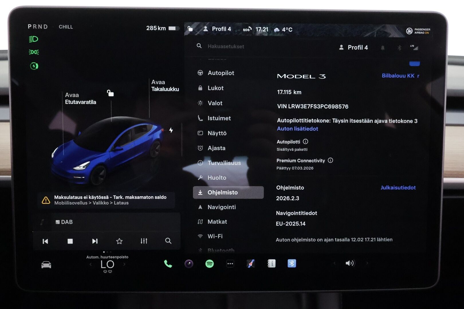 TESLA MODEL 3 2023 Standard Range Plus * ILP / Lasikatto / ACC / Matrix-LED / Muistipenkki / Kaistavahti / Navi * - Akku kuntotarkastettu / P.Kamera