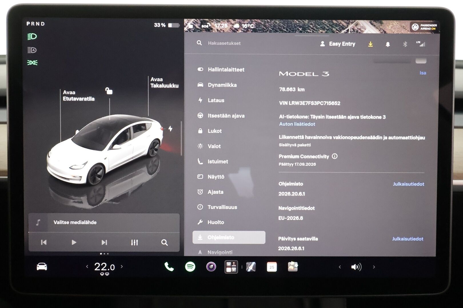 Tesla Model 3 2023 RWD - | ACC | ILP | Matrix | Ryzen | Lasikatto | Sähkönahat | Muistipenkki | Premium kaiuttimet | P.kamera | Autosteer | 2x renkaat | ALV | 