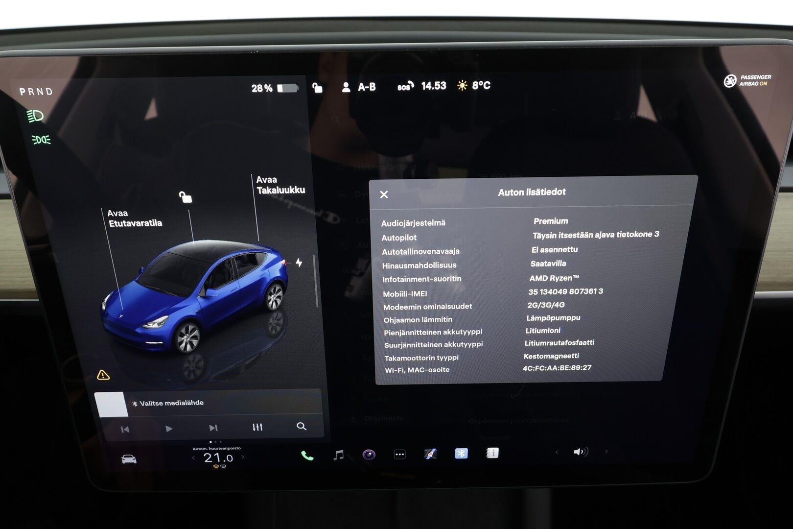 Tesla Model Y 2023 RWD * Koukku / ILP / ACC / Lasikatto / Premium Audio / P.Kamera / Matrix-LED / Muistipenkki / Kaistavahti * - 1-om Suomi-auto / Akku kuntotarkastettu / Kahdet renkaat aluvanteilla