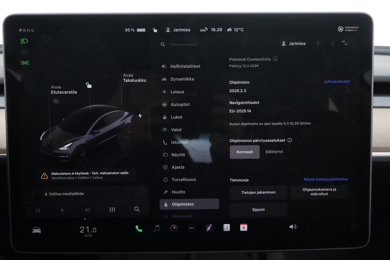 Tesla Model 3 2022 RWD * ILP / ACC / Lasikatto / Premium Speakers / P.Kamera / Matrix-LED / Muistipenkki / Kaistavahti * - Suomi-auto / Akku kuntotarkastettu / 2x Latauskaapelit / Kahdet renkaat aluvanteilla