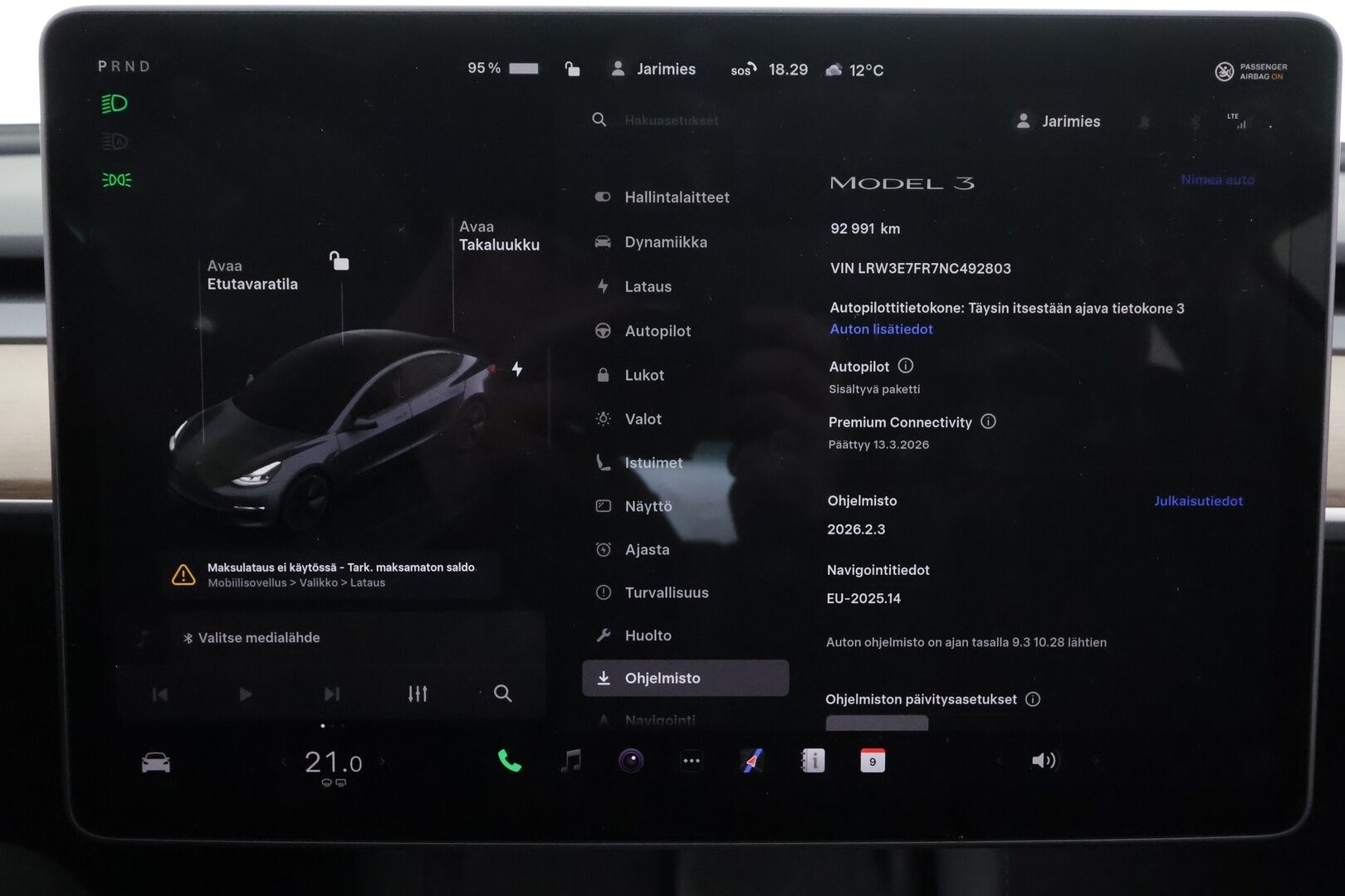Tesla Model 3 2022 RWD * ILP / ACC / Lasikatto / Premium Speakers / P.Kamera / Matrix-LED / Muistipenkki / Kaistavahti * - Suomi-auto / Akku kuntotarkastettu / 2x Latauskaapelit / Kahdet renkaat aluvanteilla