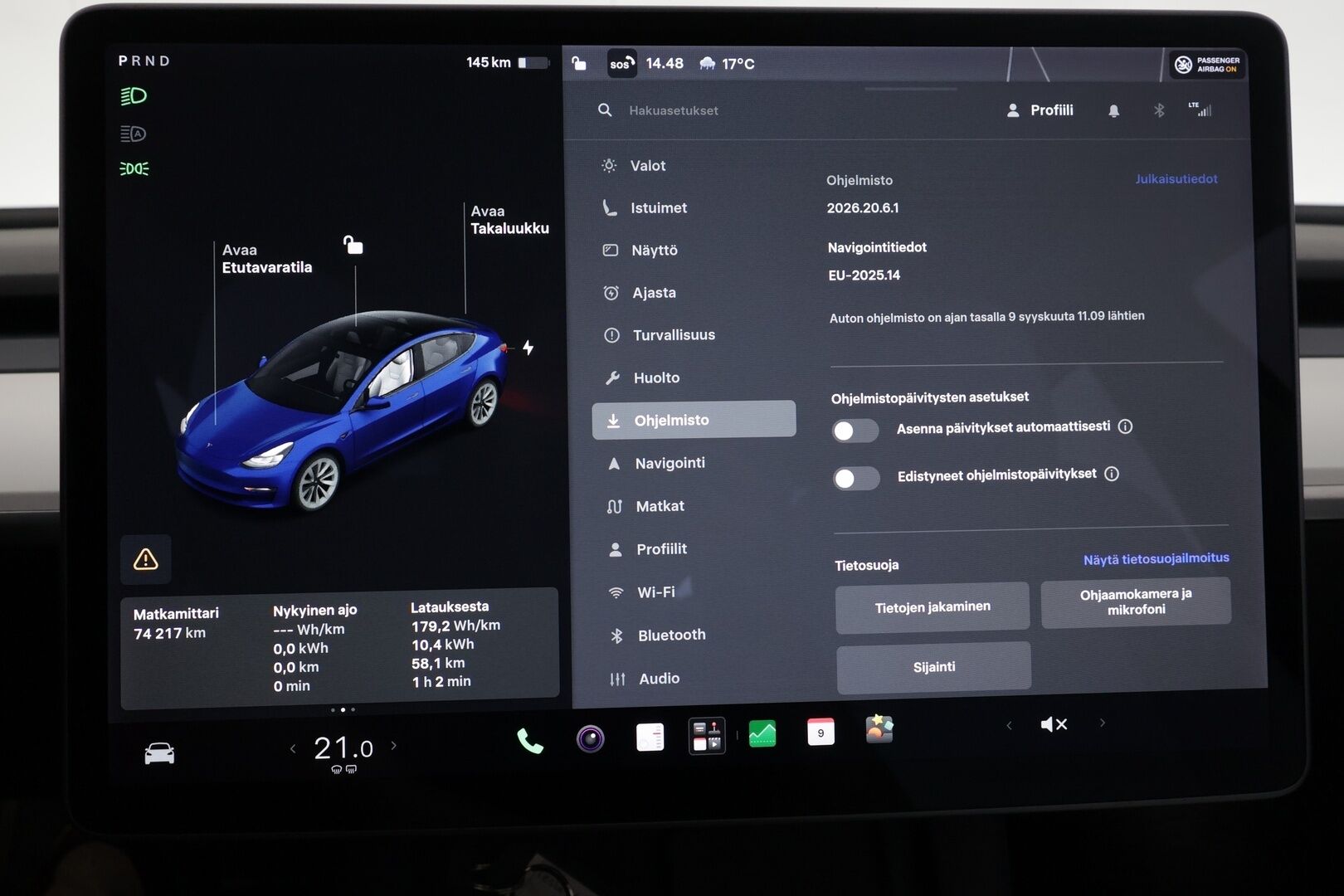 Tesla Model 3 2021 Long Range - | ACC | ILP | Koukku | Valkoiset nahat | Matrix | Premium Audio | Lasikatto | Muistipenkki | P.kamera | Lämm. ratti | 2x renkaat aluin | 
