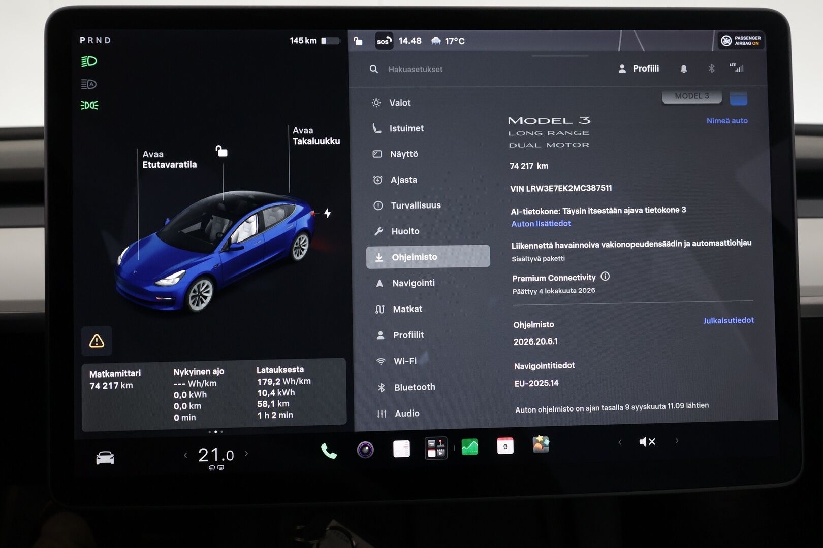 Tesla Model 3 2021 Long Range - | ACC | ILP | Koukku | Valkoiset nahat | Matrix | Premium Audio | Lasikatto | Muistipenkki | P.kamera | Lämm. ratti | 2x renkaat aluin | 