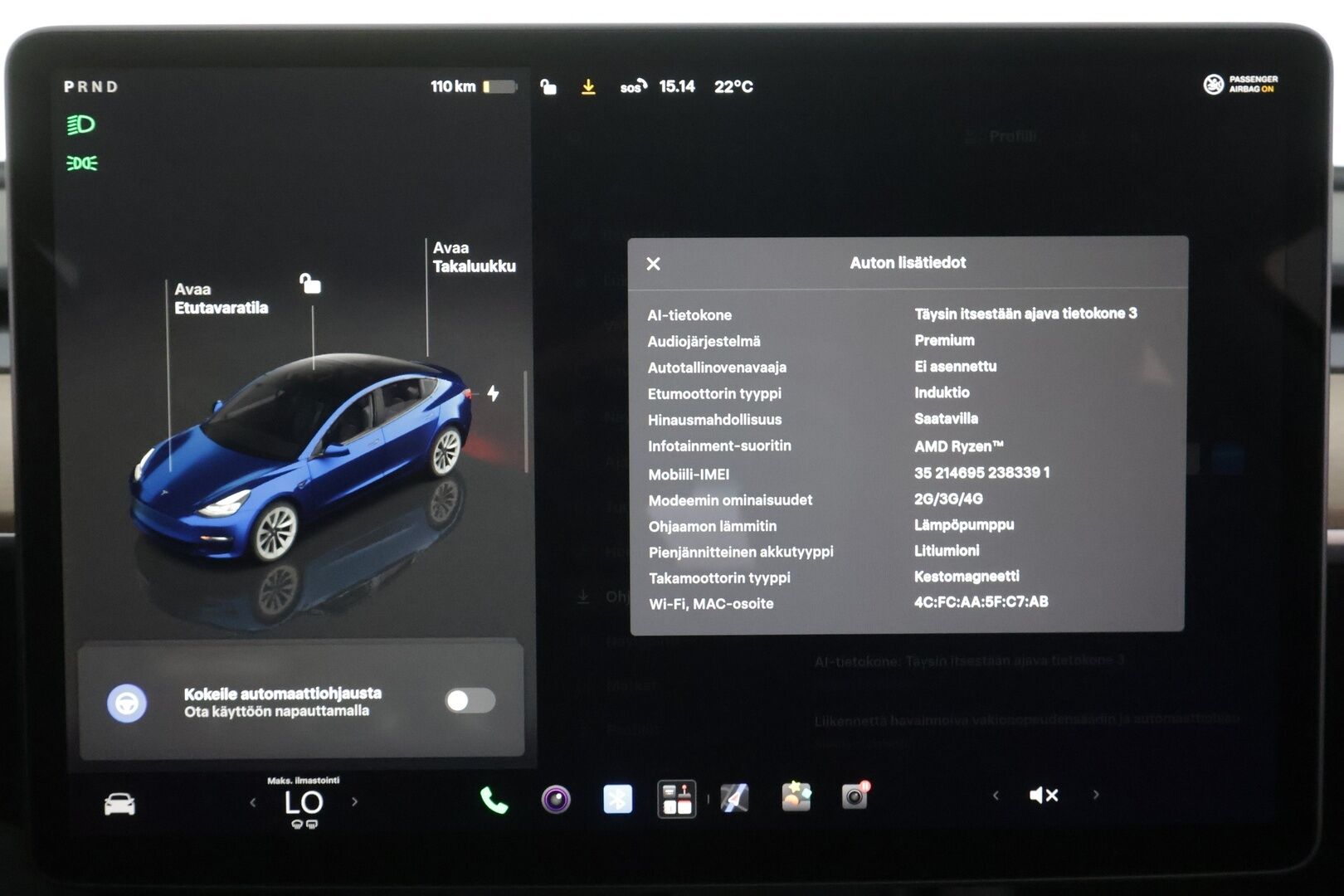 TESLA MODEL 3 2022 Long Range Dual Motor - | ACC | Koukku | ILP | Matrix-LED | Premium Audio | Lasikatto | P.kamera ja tutkat | Nahat | Muistipenkki | Autosteer | 2x renkaat aluin | ALV |