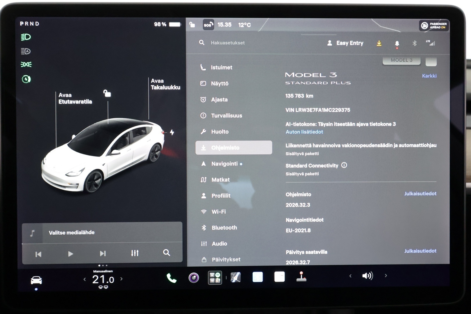 Tesla Model 3 2021 Standard Range Plus - | ACC | ILP | Lasikatto | Sähkönahat | Muistipenkki | Matrix-LED | P.kamera ja tutkat | Autosteer | 2x renkaat aluin | 