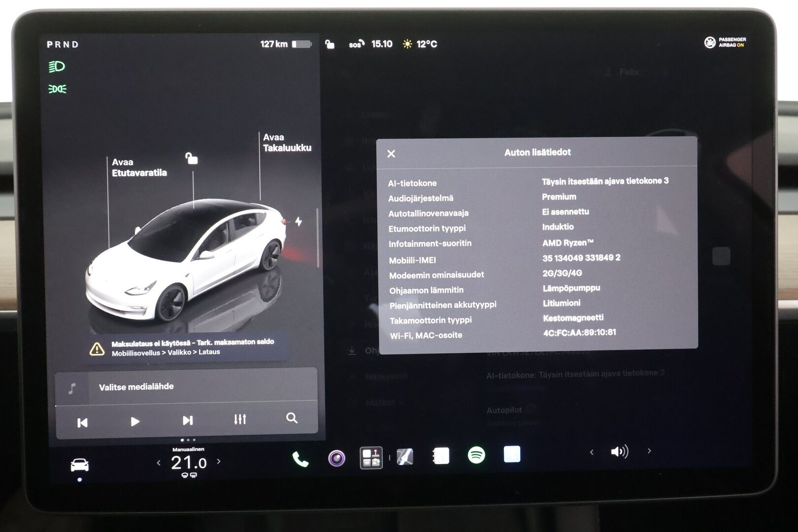 Tesla Model 3 2023 Long Range * ILP / ACC / Lasikatto / Matrix-LED / P.Kamera / Muistipenkki / Premium Audio / Navi / Keyless * - 1-om Suomi-auto / Kahdet renkaat aluvanteilla